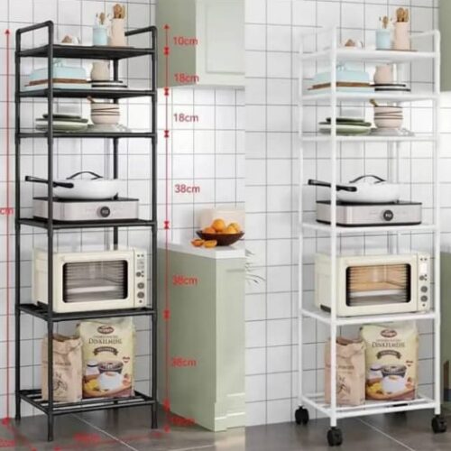 Étagère de Cuisine Multifonction 6 Niveaux – Rangement Noir & Blanc à Roulettes