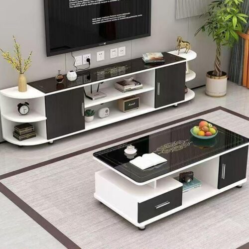 Ensemble Meuble TV et Table Basse Blanc avec Détails Noirs – Design Moderne