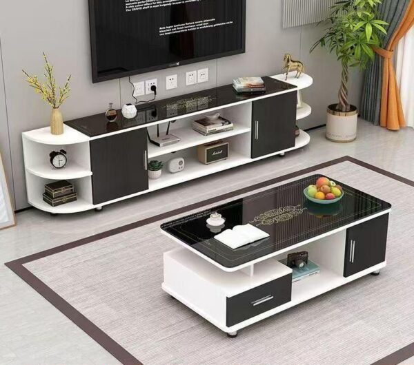 Ensemble Meuble TV et Table Basse Blanc avec Détails Noirs – Design Moderne