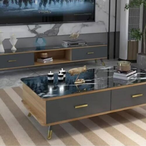 Ensemble Table Basse & Meuble TV Design – Plateau Marbré Gris & Bois