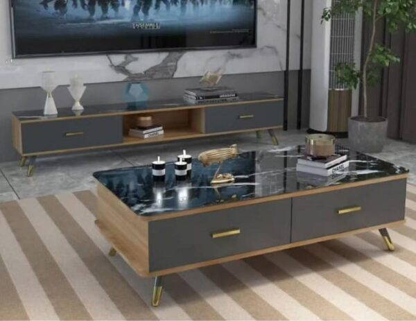 Ensemble Table Basse & Meuble TV Design – Plateau Marbré Gris & Bois
