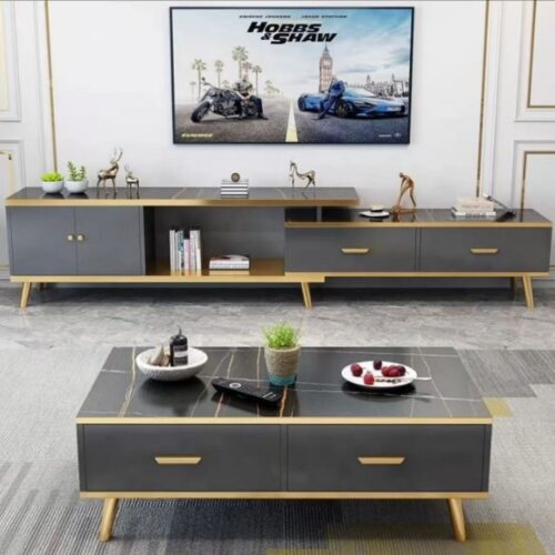 Ensemble Meuble TV Extensible & Table Basse Marbrée – Gris & Doré