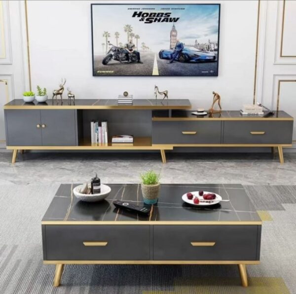 Ensemble Meuble TV Extensible & Table Basse Marbrée – Gris & Doré
