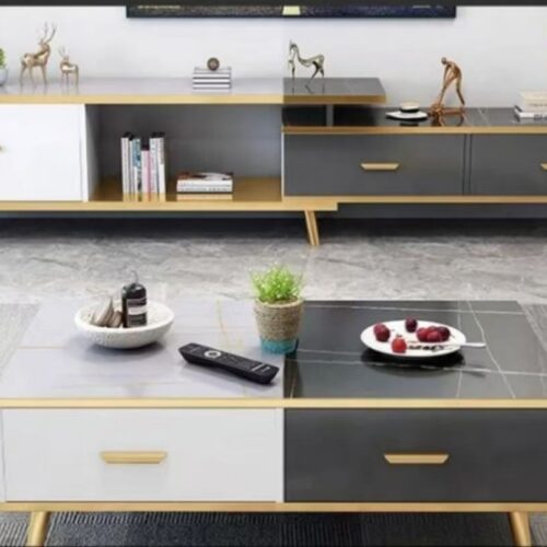 Ensemble Meuble TV Extensible & Table Basse Bicolore – Blanc, Gris & Doré